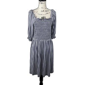 NWT Drapper James Jo Dee Dress in Gingham Smocked Sleeve Nassau Navy Midi Large